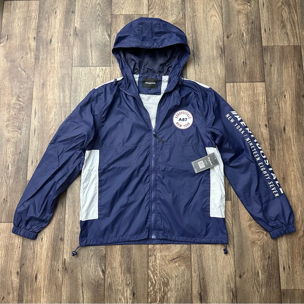 Aeropostale Shell Jacket Men’s Size L Blue White Lightweight Windbreaker